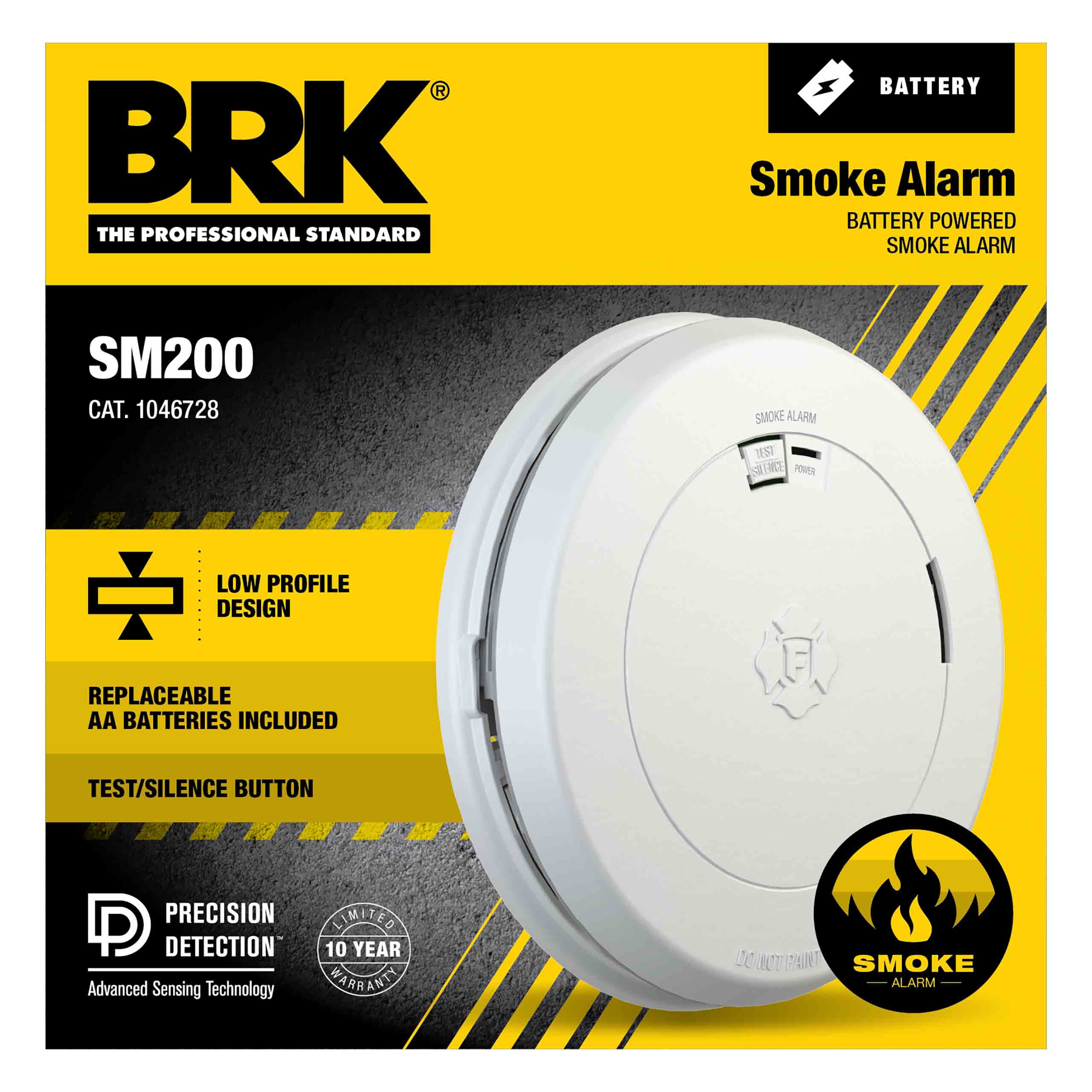 Battery powered, low profile, smoke alarm with replaceable battery and silence feature